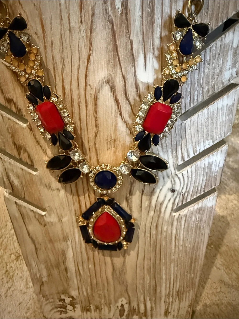 Gold-Tone Statement Necklace with Red and Navy Stones